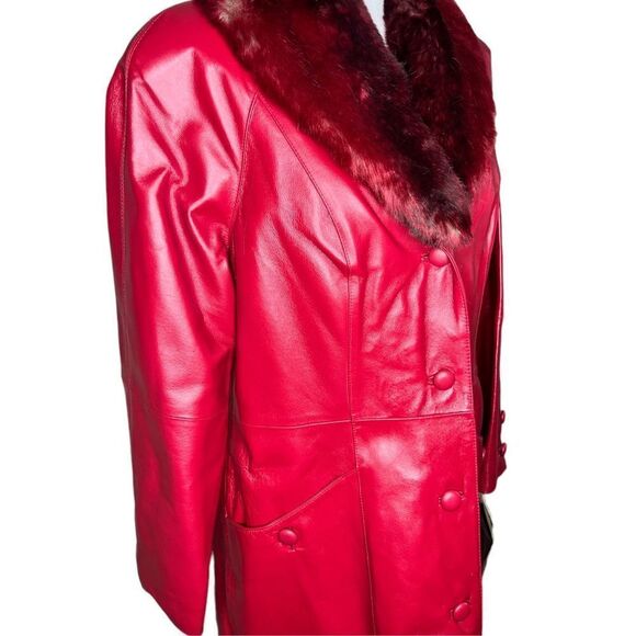 NWT Terry Lewis Classic Luxuries red leather long coat with faux fur hood - size - Picture 4 of 13